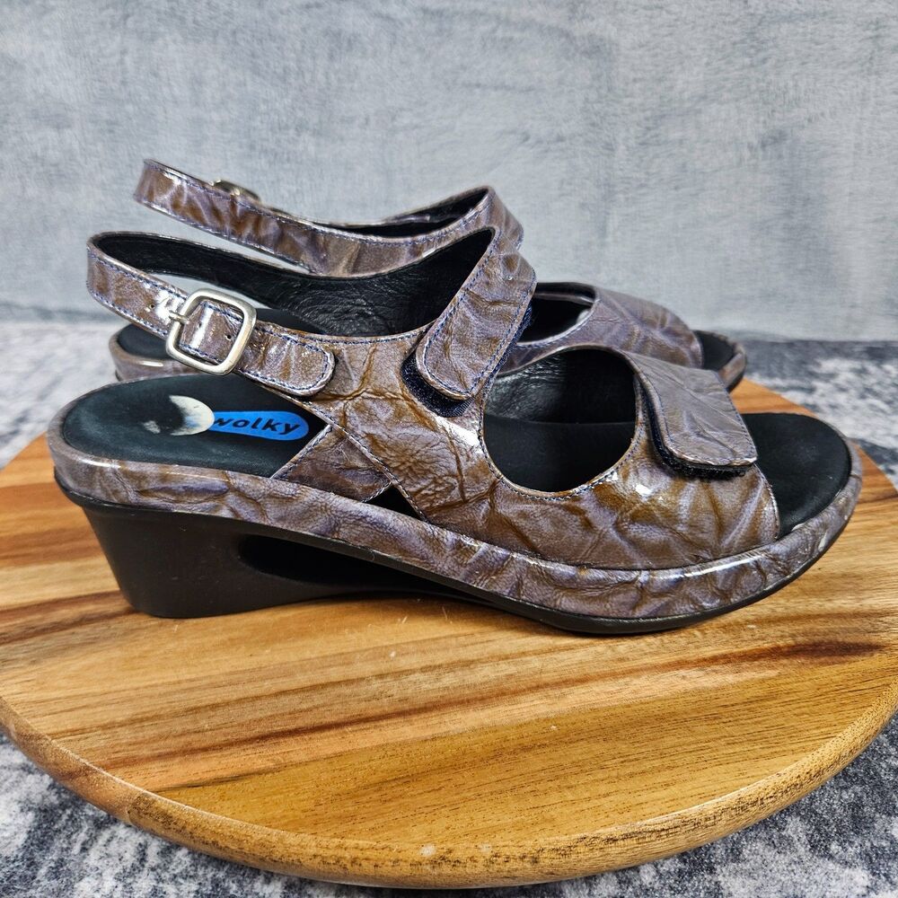 Wolky Sandals Women's Size 39 US 8 Patent Leather Wedge Slingback Strappy